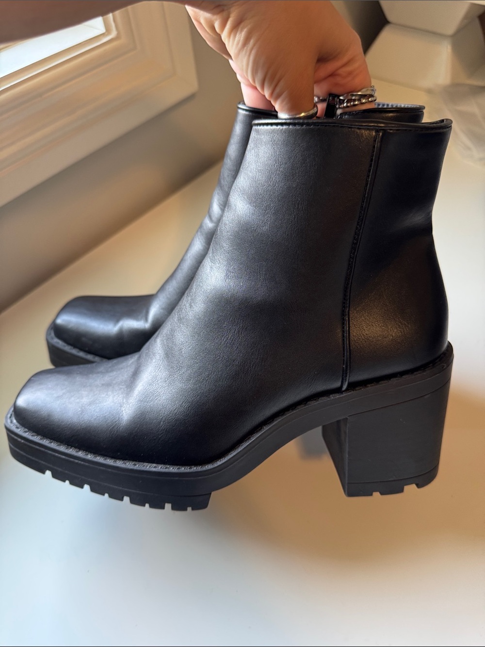Olivia Miller Black Leather Square-Toe Ankle Boots